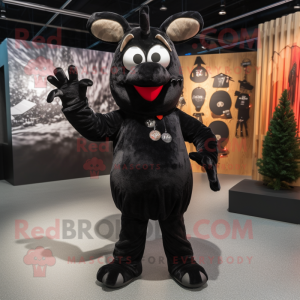 Black Reindeer mascot costume character dressed with a Jumpsuit and Shawl pins
