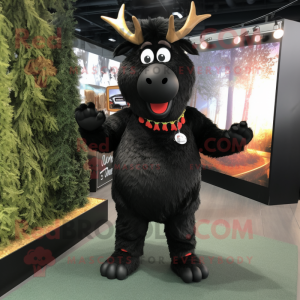 Black Reindeer mascot costume character dressed with a Jumpsuit and Shawl pins