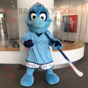 Blue Ice Hockey Stick mascot costume character dressed with a Chinos and Shawls