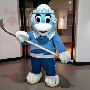 Blue Ice Hockey Stick mascot costume character dressed with a Chinos and Shawls