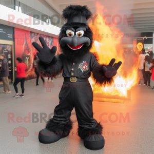 Black Fire Eater mascot costume character dressed with a Skinny Jeans and Foot pads