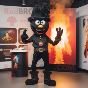 Black Fire Eater mascot costume character dressed with a Skinny Jeans and Foot pads