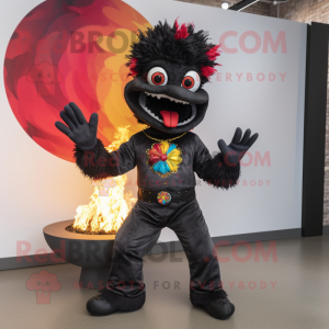 Black Fire Eater mascot costume character dressed with a Skinny Jeans and Foot pads