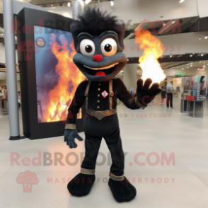 Black Fire Eater mascot costume character dressed with a Skinny Jeans and Foot pads