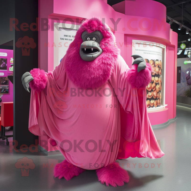 Pink Gorilla mascot costume character dressed with a Ball Gown and Shawls