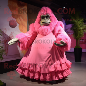 Pink Gorilla mascot costume character dressed with a Ball Gown and Shawls