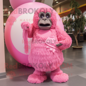 Pink Gorilla mascot costume character dressed with a Ball Gown and Shawls