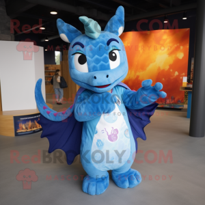 Blue Dragon mascot costume character dressed with a Maxi Dress and Mittens