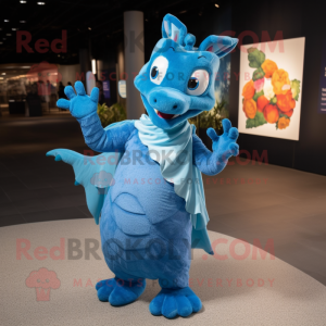 Blue Dragon mascot costume character dressed with a Maxi Dress and Mittens