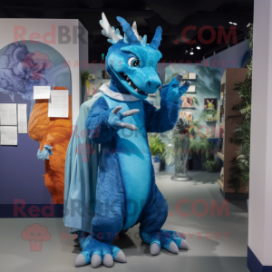 Blue Dragon mascot costume character dressed with a Maxi Dress and Mittens