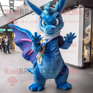 Blue Dragon mascot costume character dressed with a Maxi Dress and Mittens