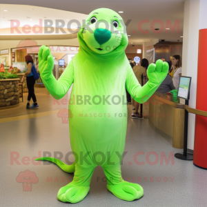 Lime Green Sea Lion mascot costume character dressed with a Skinny Jeans and Gloves