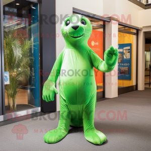 Lime Green Sea Lion mascot costume character dressed with a Skinny Jeans and Gloves