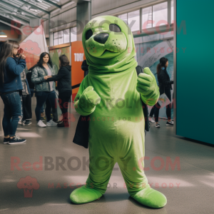 Lime Green Sea Lion mascot costume character dressed with a Skinny Jeans and Gloves