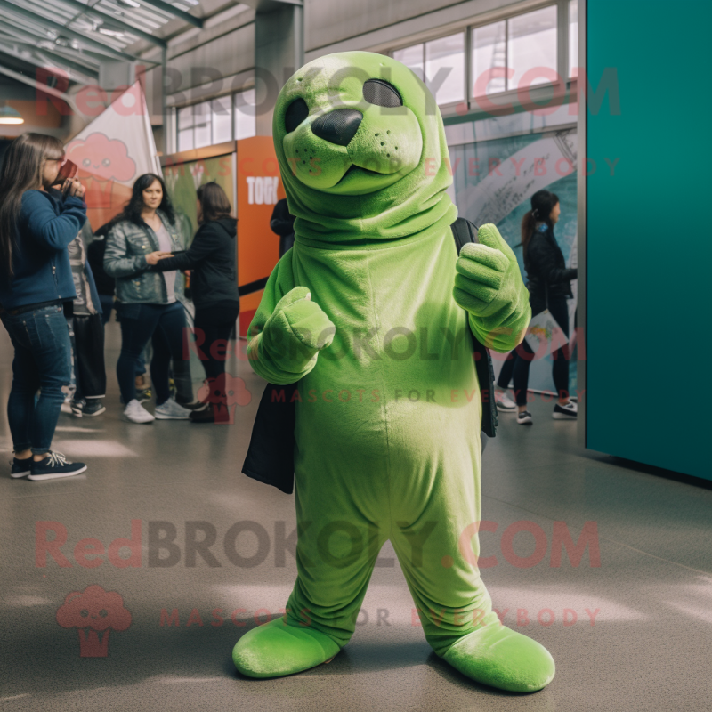 Lime Green Sea Lion mascot costume character dressed with a Skinny Jeans and Gloves Lime Green Sea Lion mascot costume character dressed with a Skinny Jeans and Gloves