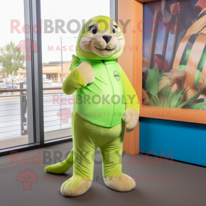 Lime Green Sea Lion mascot costume character dressed with a Skinny Jeans and Gloves