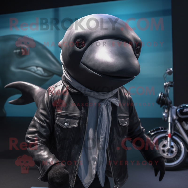 nan Humpback Whale mascot costume character dressed with a Biker Jacket and Tie pins