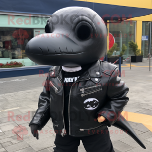 nan Humpback Whale mascot costume character dressed with a Biker Jacket and Tie pins