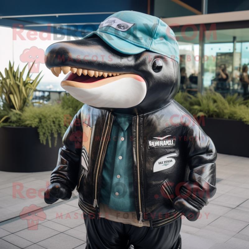 nan Humpback Whale mascot costume character dressed with a Biker Jacket and Tie pins