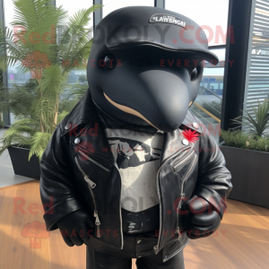 nan Humpback Whale mascot costume character dressed with a Biker Jacket and Tie pins