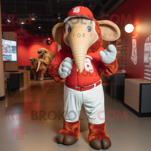 Red Mammoth mascot costume character dressed with a Baseball Tee and Hats