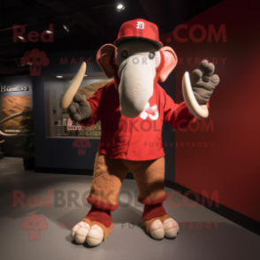 Red Mammoth mascot costume character dressed with a Baseball Tee and Hats