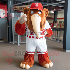 Red Mammoth mascot costume character dressed with a Baseball Tee and Hats