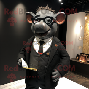 Black Sow mascot costume character dressed with a Suit Jacket and Reading glasses