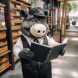 Black Sow mascot costume character dressed with a Suit Jacket and Reading glasses