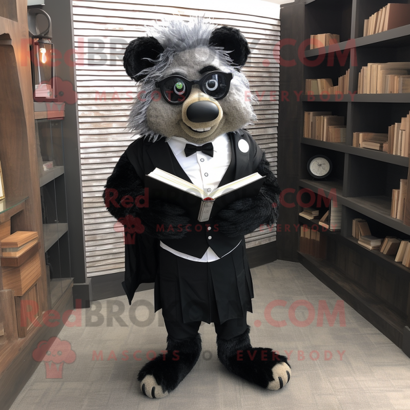 Black Sow mascot costume character dressed with a Suit Jacket and Reading glasses