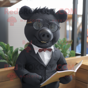 Black Sow mascot costume character dressed with a Suit Jacket and Reading glasses