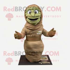 Olive Mummy mascot costume character dressed with a Cargo Pants and Wraps