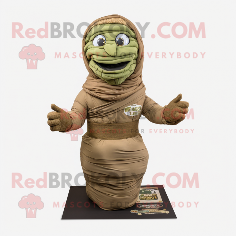 Olive Mummy mascot costume character dressed with a Cargo Pants and Wraps Olive Mummy mascot costume character dressed with a Cargo Pants and Wraps