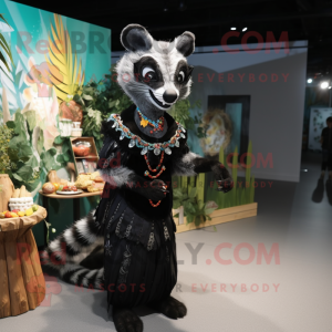 Black Civet mascot costume character dressed with a Dress and Brooches