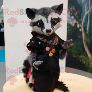 Black Civet mascot costume character dressed with a Dress and Brooches