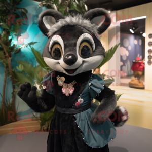 Black Civet mascot costume character dressed with a Dress and Brooches