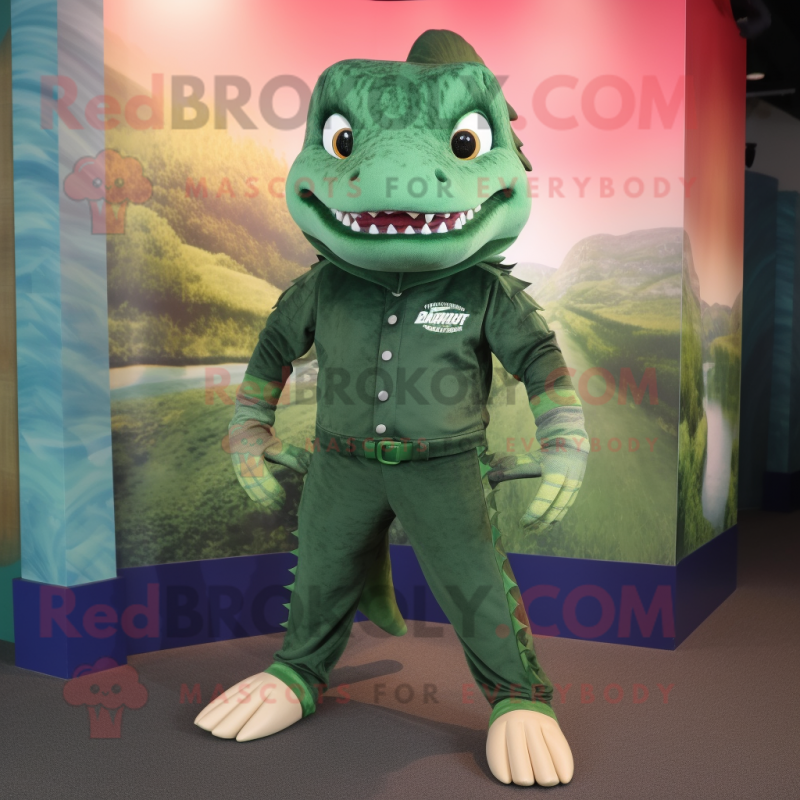 Forest Green Barracuda mascot costume character dressed with a Suit Pants and Anklets