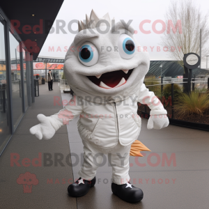 White Fish And Chips mascot costume character dressed with a Leather Jacket and Foot pads