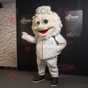 White Fish And Chips mascot costume character dressed with a Leather Jacket and Foot pads