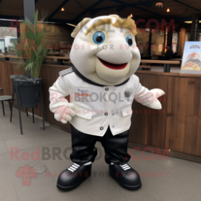 White Fish And Chips mascot costume character dressed with a Leather Jacket and Foot pads