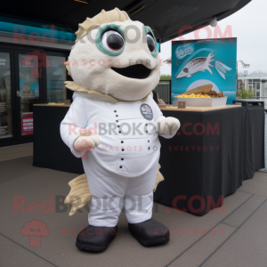 White Fish And Chips mascot costume character dressed with a Leather Jacket and Foot pads