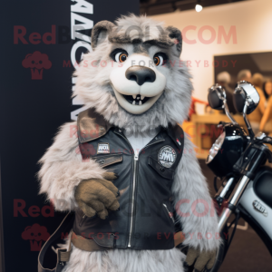 Gray Marmot mascot costume character dressed with a Moto Jacket and Wraps