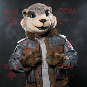 Gray Marmot mascot costume character dressed with a Moto Jacket and Wraps