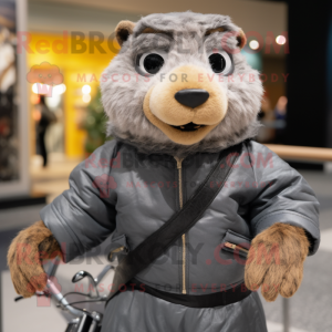 Gray Marmot mascot costume character dressed with a Moto Jacket and Wraps