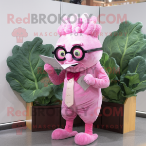 Pink Cabbage mascot costume character dressed with a Suit Pants and Reading glasses