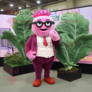 Pink Cabbage mascot costume character dressed with a Suit Pants and Reading glasses