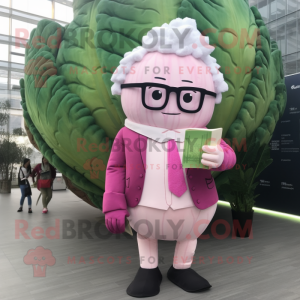 Pink Cabbage mascot costume character dressed with a Suit Pants and Reading glasses