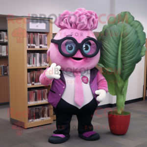 Pink Cabbage mascot costume character dressed with a Suit Pants and Reading glasses