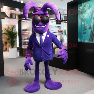 Purple Lobster mascot costume character dressed with a Suit Pants and Eyeglasses