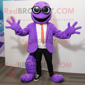 Purple Lobster mascot costume character dressed with a Suit Pants and Eyeglasses